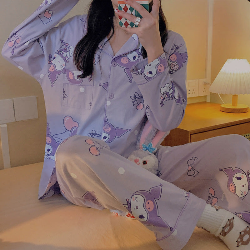 Girls' cartoon pajamas, girls' spring and autumn new student loose and cute purple long sleeved cardigan, home clothing set trend