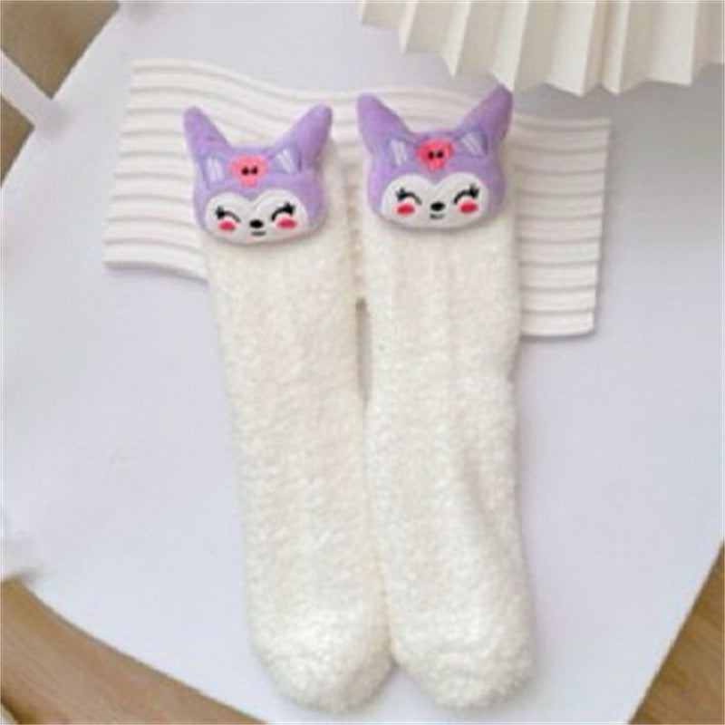 【DU-0054】Japanese Cute Girl Heart Plush Floor Socks, Home Plush Socks, Winter Warm Medium Tube Socks, Coolommy Sleep Socks