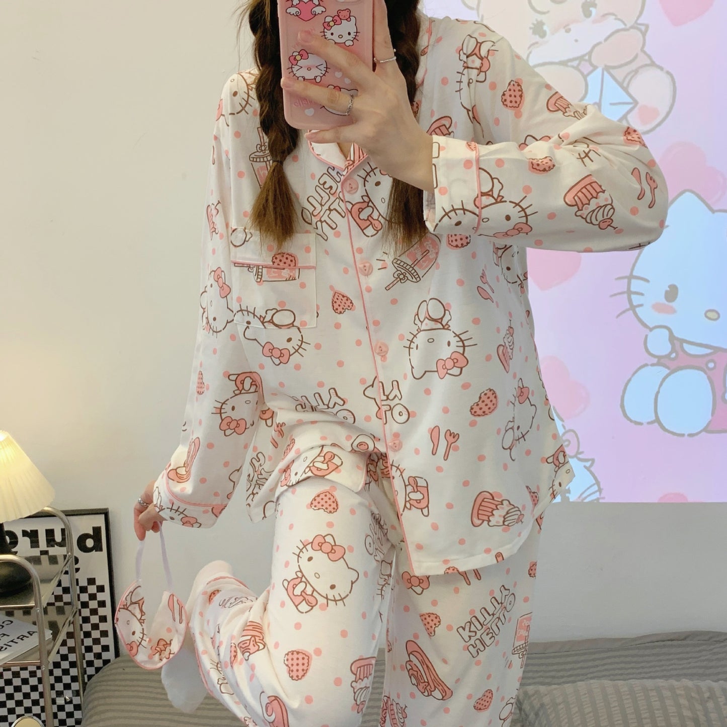 Pajama Women's Spring and Autumn New INS Style Cute Cartoon Cake Kitty Long Sleeve Cardigan Home Suit Set Trend