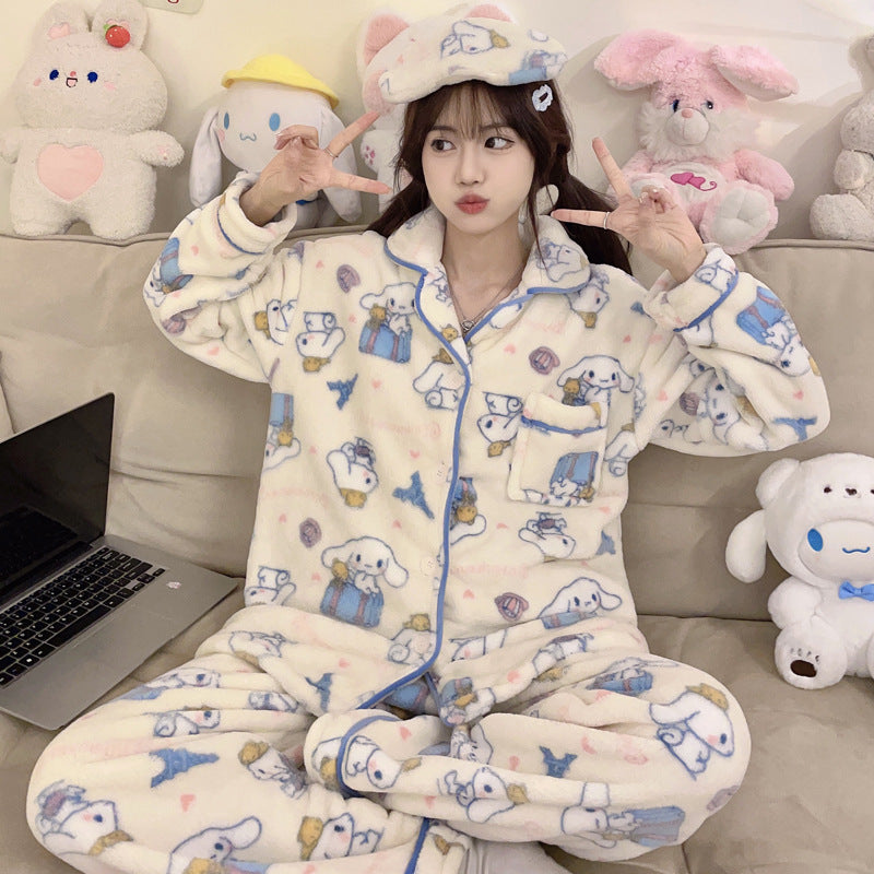 Autumn and winter thickened coral fleece pajamas women's cartoon cute pacha dog student warm home set real shot dropshipping