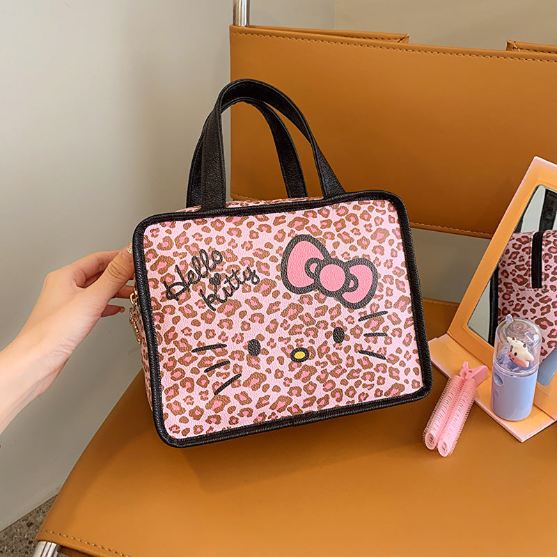 【B-0032】PU leather leopard make up bag lunch bag handle bag