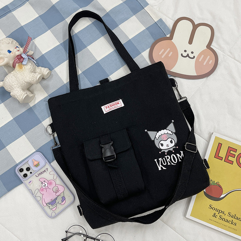 New canvas bag female handbag hundred with casual diagonal cross cartoon kuromi students large capacity cramming bag double back