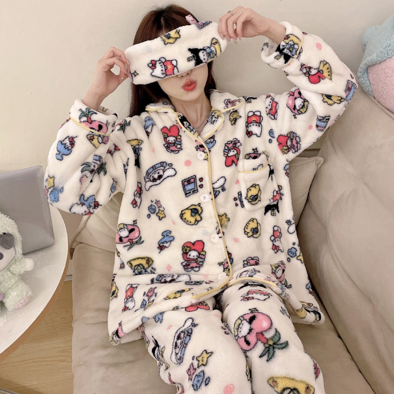 Sanliou Kuromi Winter Coral Fleece Pajamas for Women's Warm and Thick Cartoon Cute Home Fur Two Piece Set