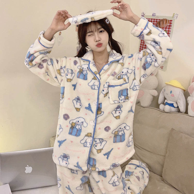 Autumn and winter thickened coral fleece pajamas women's cartoon cute pacha dog student warm home set real shot dropshipping