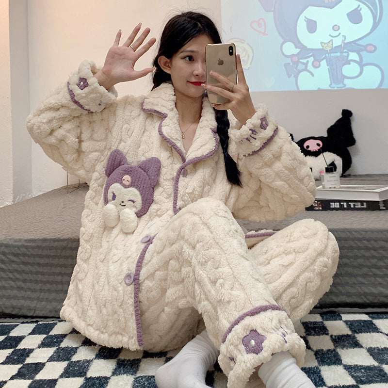 Wholesale winter pajamas, women's coral velvet, Sanrio cartoon, thickened flannel, autumn and winter home clothing set