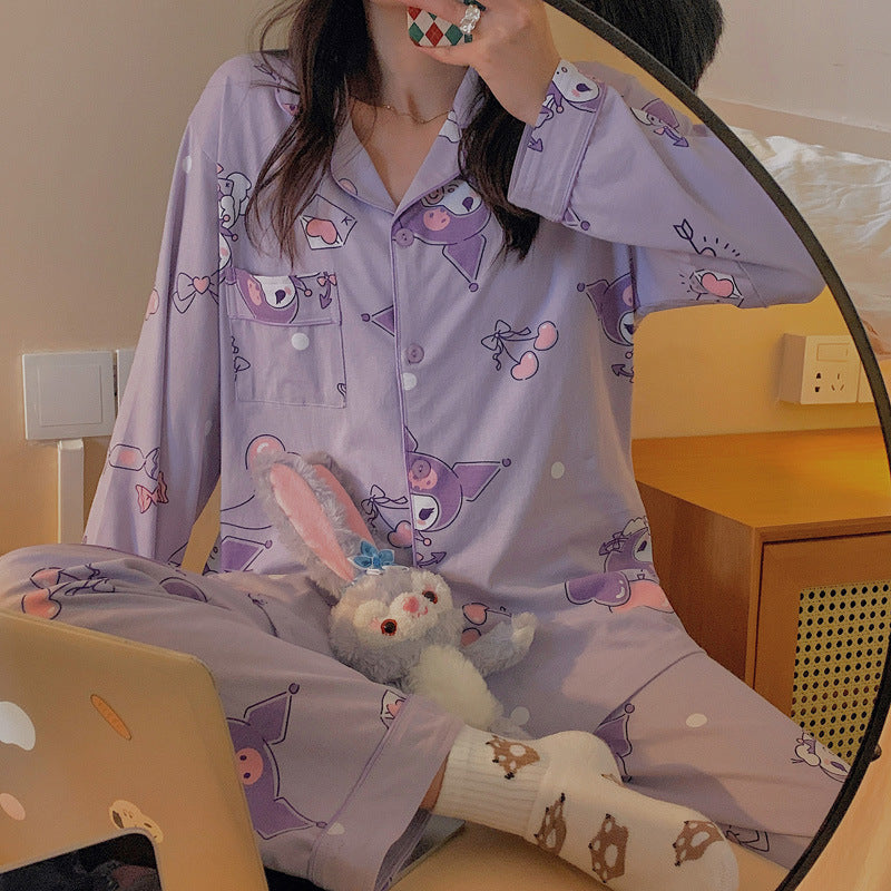 Girls' cartoon pajamas, girls' spring and autumn new student loose and cute purple long sleeved cardigan, home clothing set trend