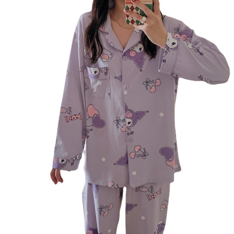 Girls' cartoon pajamas, girls' spring and autumn new student loose and cute purple long sleeved cardigan, home clothing set trend