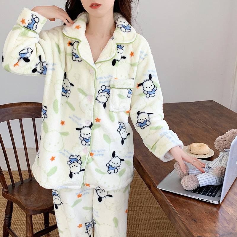 Japanese Pacha dog coral fleece pajama girl autumn and winter long-sleeved warm cartoon student homewear real shot dropshipping