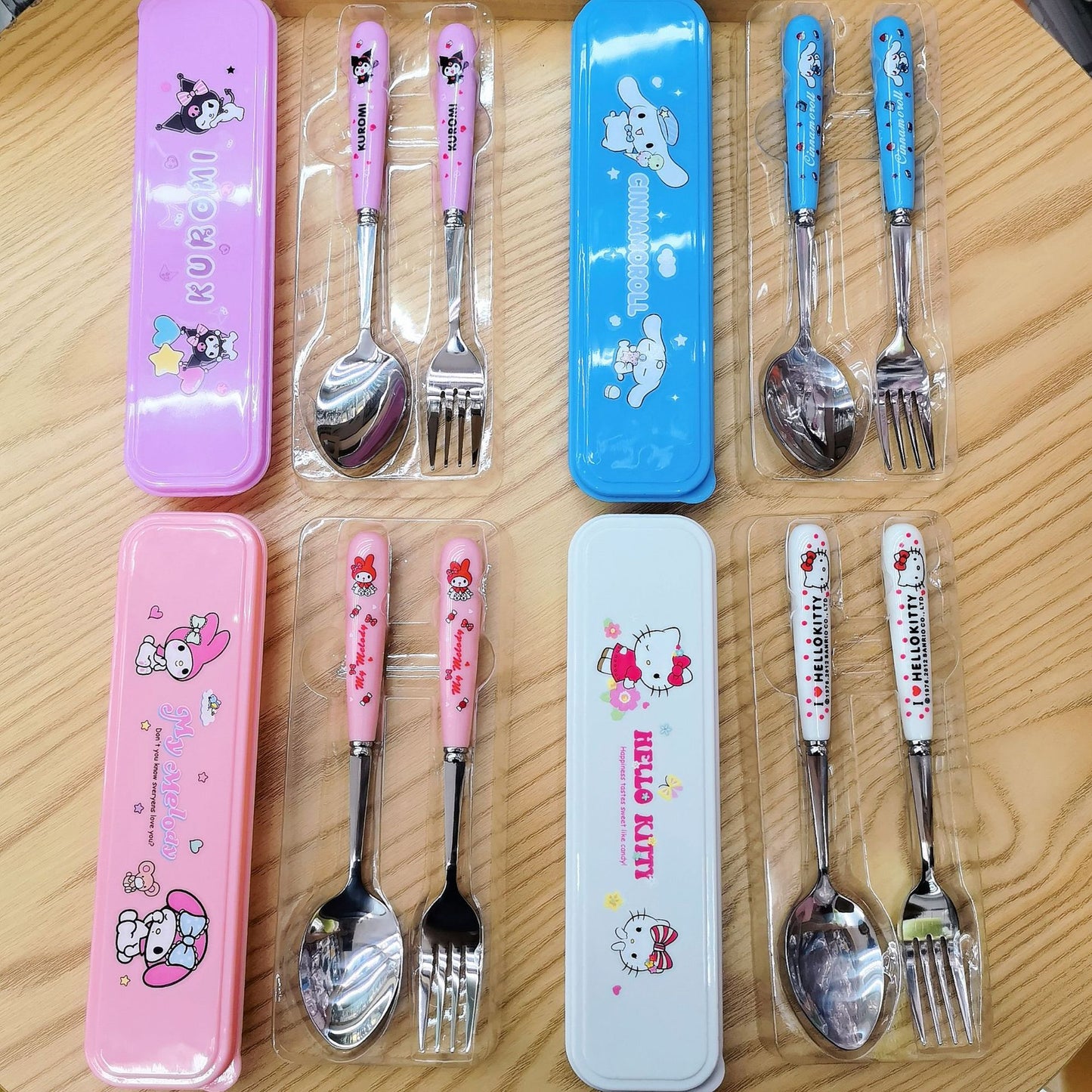 【KT-0010】Cute cartoon student portable children&#039;s tableware two-piece stainless steel fork spoon Sanrio tableware box set