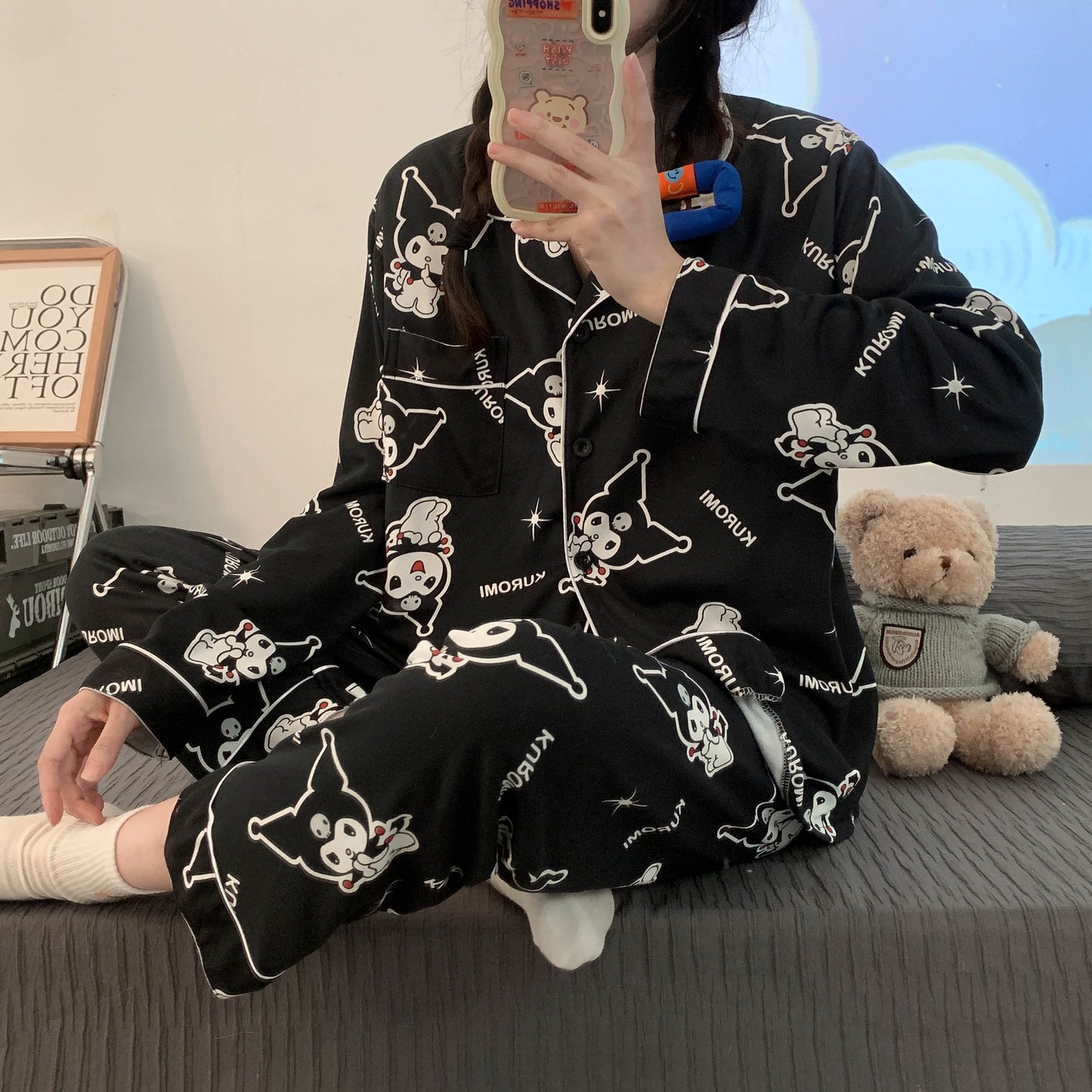 INS style Kuromi pajamas women's new cartoon cute loose fitting long sleeved high beauty spring autumn home clothing set