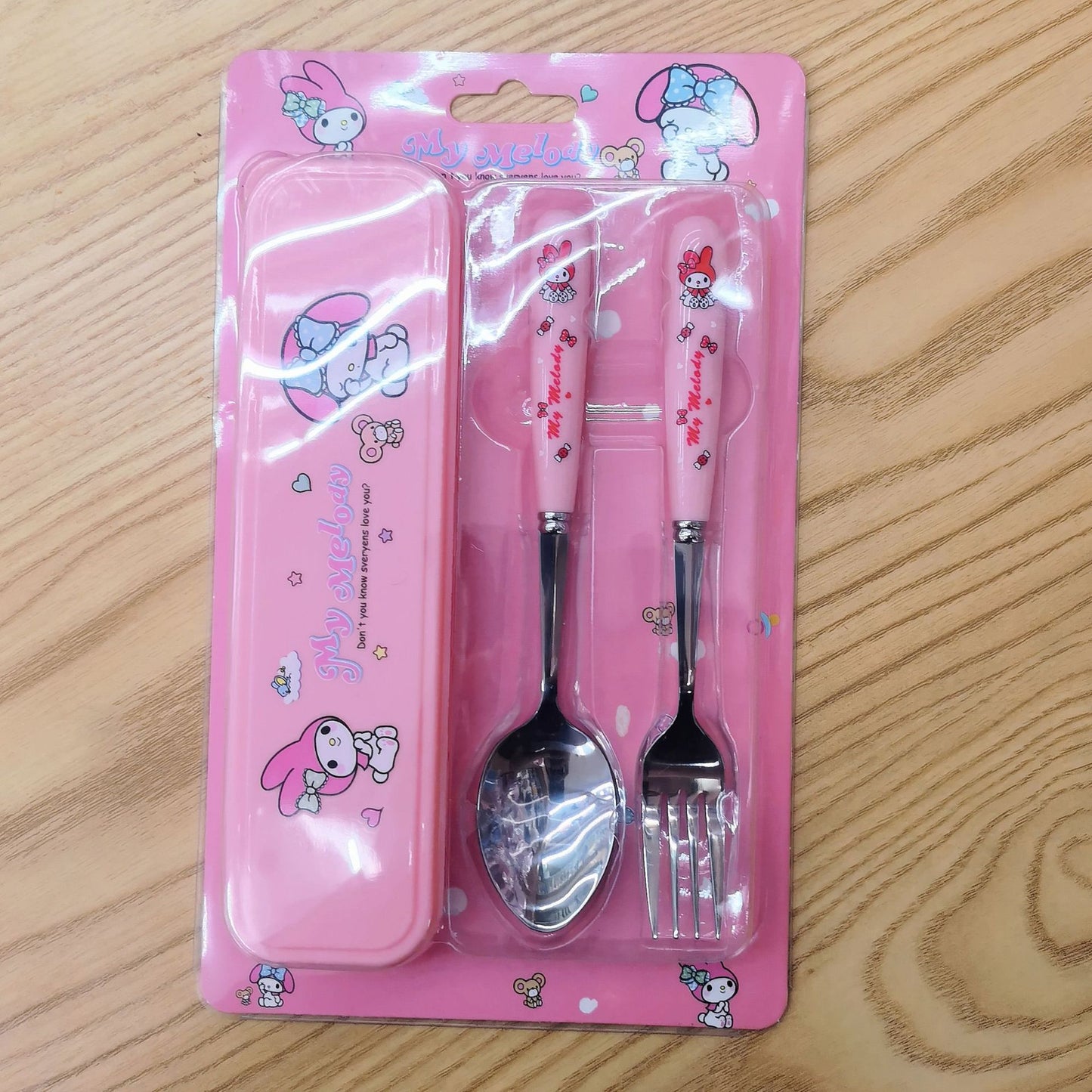 【KT-0010】Cute cartoon student portable children&#039;s tableware two-piece stainless steel fork spoon Sanrio tableware box set