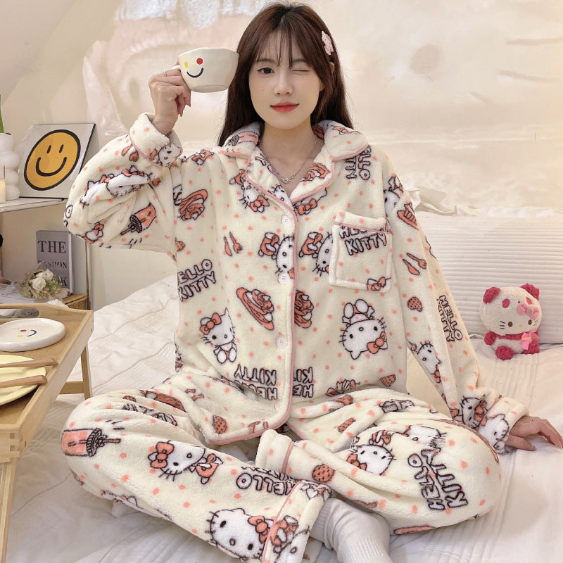 Hello Kitty Kitty Autumn and Winter Coral Plush Pajamas for Women and Japanese Ins Cute Thickened Home Fur