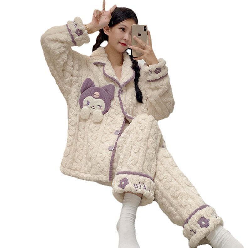 Wholesale winter pajamas, women's coral velvet, Sanrio cartoon, thickened flannel, autumn and winter home clothing set