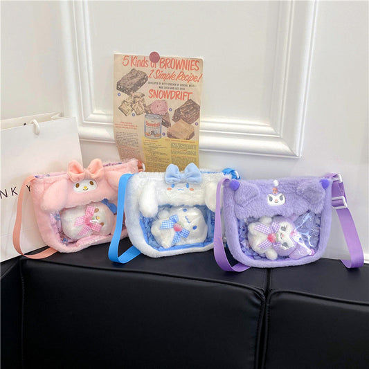 2023 New Sanrio Doll Diagonal Straddle Bag Cute Transparent PVC Melody Plush Toy Cartoon Bag