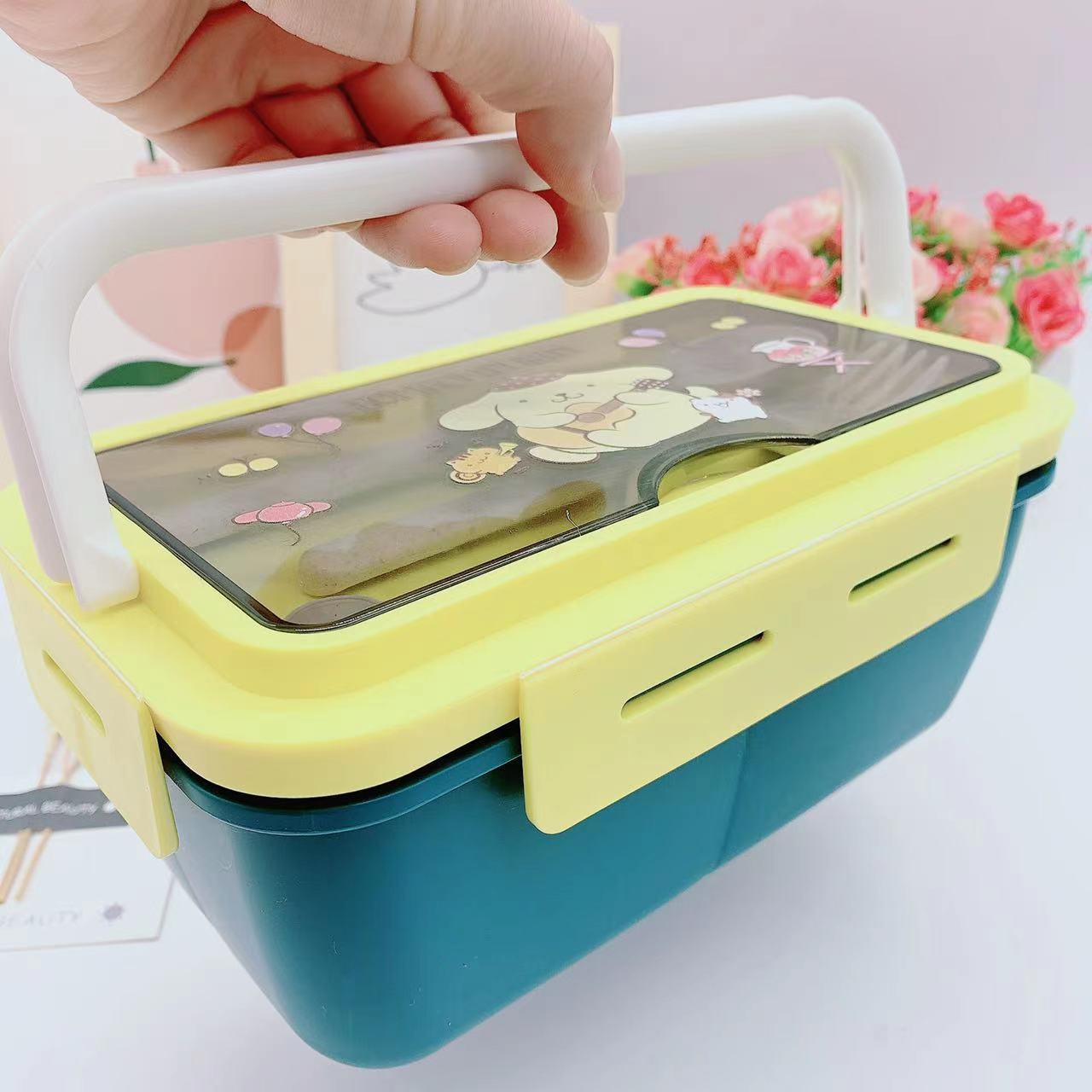 【BT-0003】Cartoon San Liou Student Lunch Box Lunch Bento Box Cute Portable Plastic Lunch Box Three Grid 1400ML