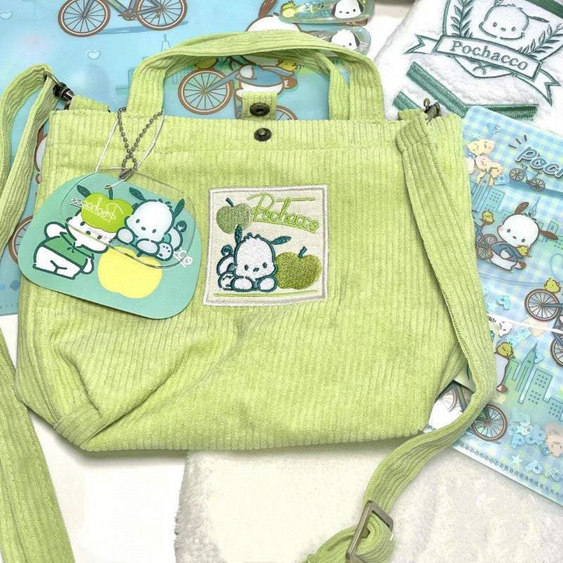 Japanese Pochacco corduroy handbag slung cute girls shoulder large capacity storage bag.