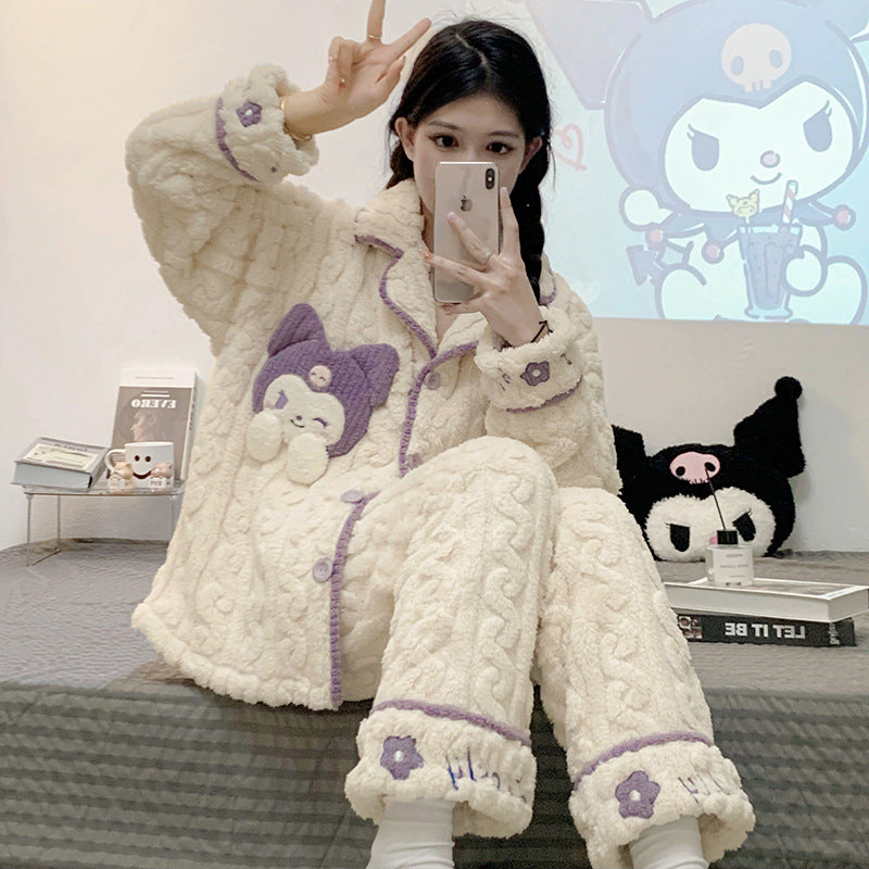 Wholesale winter pajamas, women's coral velvet, Sanrio cartoon, thickened flannel, autumn and winter home clothing set