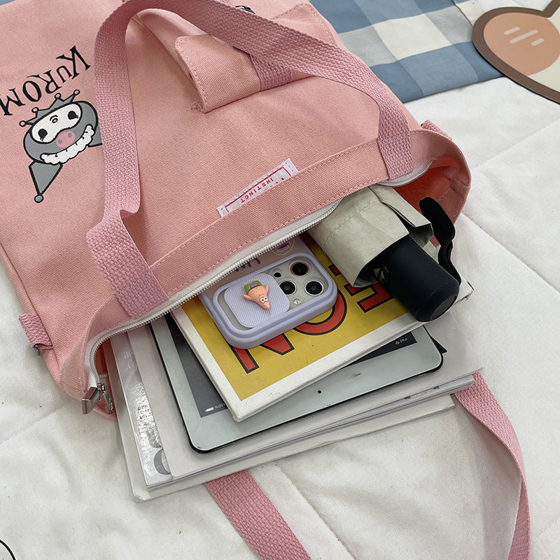 New canvas bag female handbag hundred with casual diagonal cross cartoon kuromi students large capacity cramming bag double back