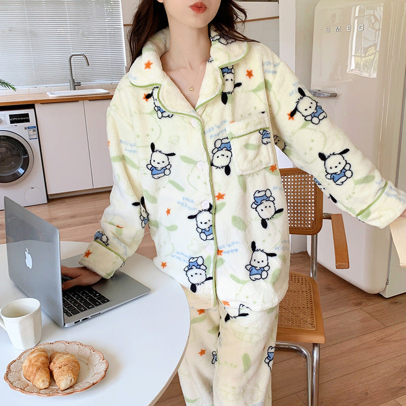 Japanese Pacha dog coral fleece pajama girl autumn and winter long-sleeved warm cartoon student homewear real shot dropshipping