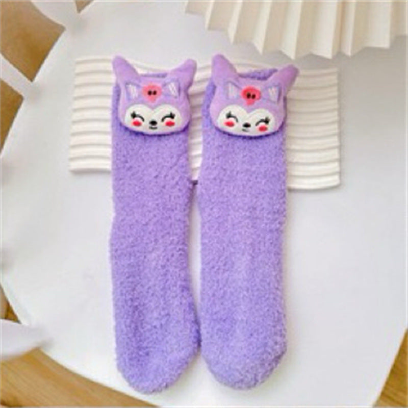 【DU-0054】Japanese Cute Girl Heart Plush Floor Socks, Home Plush Socks, Winter Warm Medium Tube Socks, Coolommy Sleep Socks