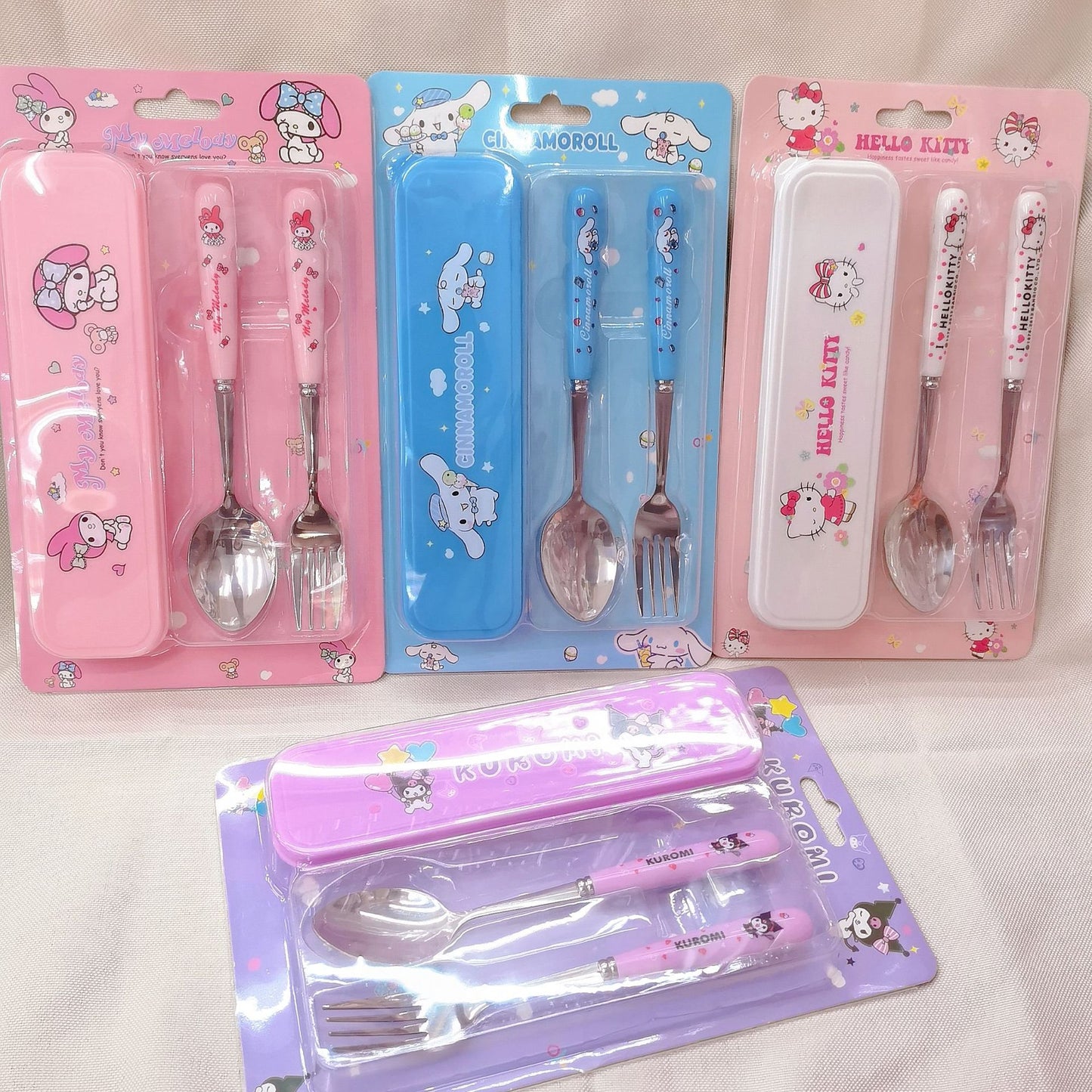 【KT-0010】Cute cartoon student portable children&#039;s tableware two-piece stainless steel fork spoon Sanrio tableware box set