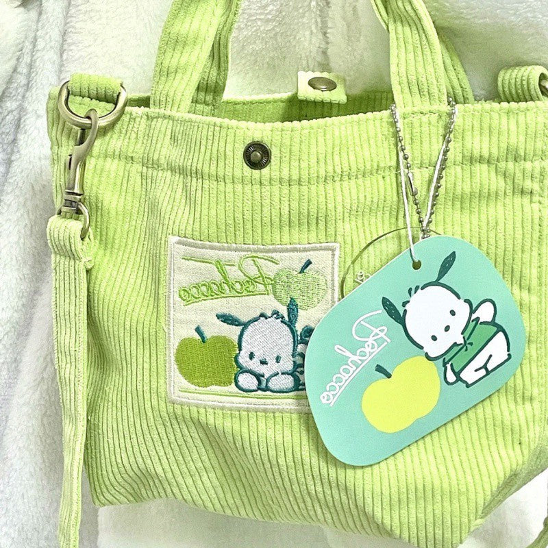 Japanese Pochacco corduroy handbag slung cute girls shoulder large capacity storage bag.