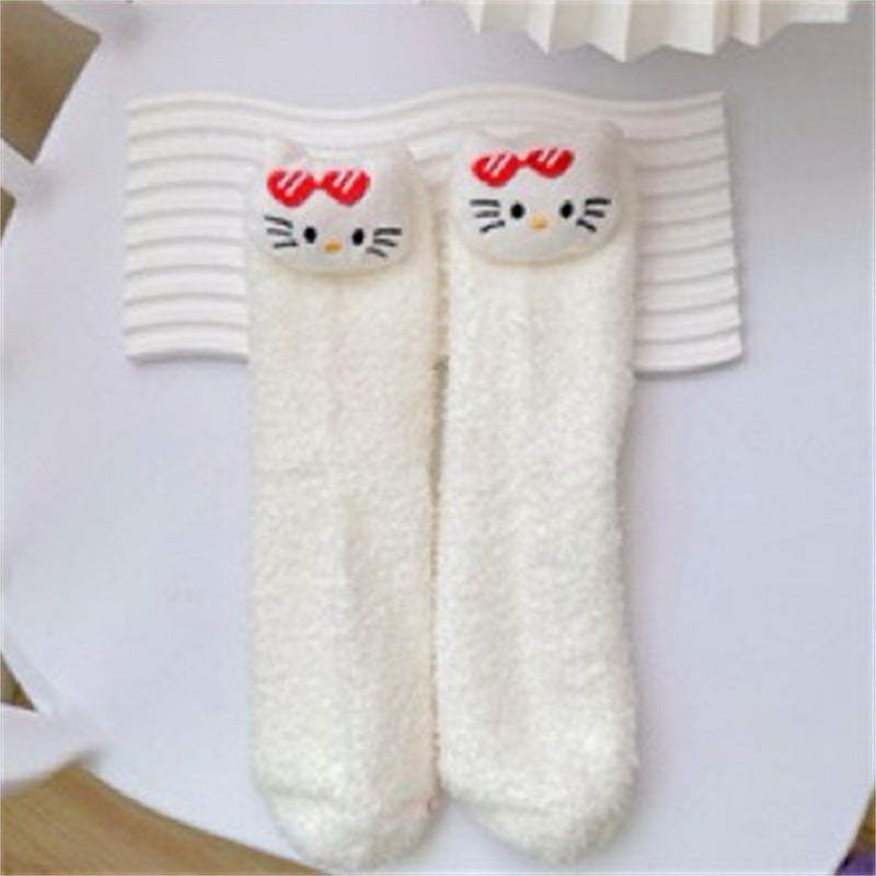 【DU-0054】Japanese Cute Girl Heart Plush Floor Socks, Home Plush Socks, Winter Warm Medium Tube Socks, Coolommy Sleep Socks