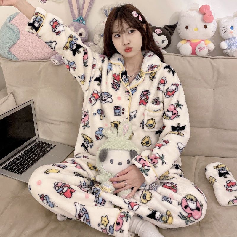 Sanliou Kuromi Winter Coral Fleece Pajamas for Women's Warm and Thick Cartoon Cute Home Fur Two Piece Set