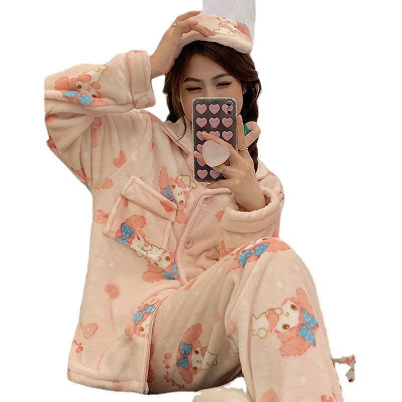 Korean version of pajamas for women in autumn and winter, cute and thick coral velvet insulation, flannel, and Meredith home clothing set for distribution