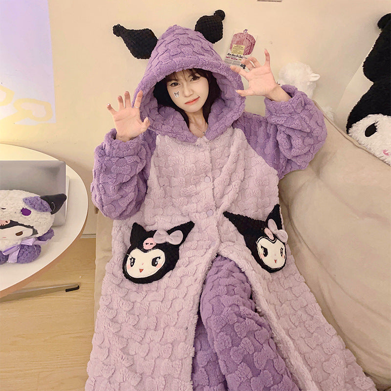 Pajama ladies coral velvet robe in autumn and winter plus velvet padded cute cartoon little winter home service suit