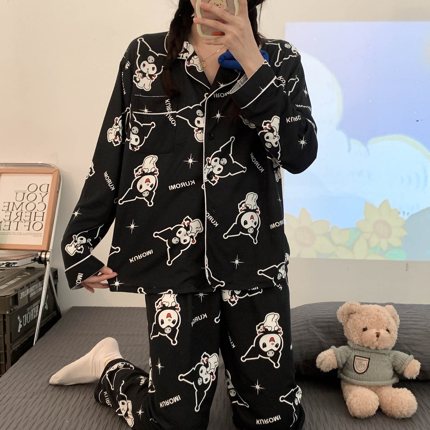 INS style Kuromi pajamas women's new cartoon cute loose fitting long sleeved high beauty spring autumn home clothing set