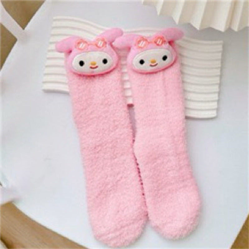 【DU-0054】Japanese Cute Girl Heart Plush Floor Socks, Home Plush Socks, Winter Warm Medium Tube Socks, Coolommy Sleep Socks