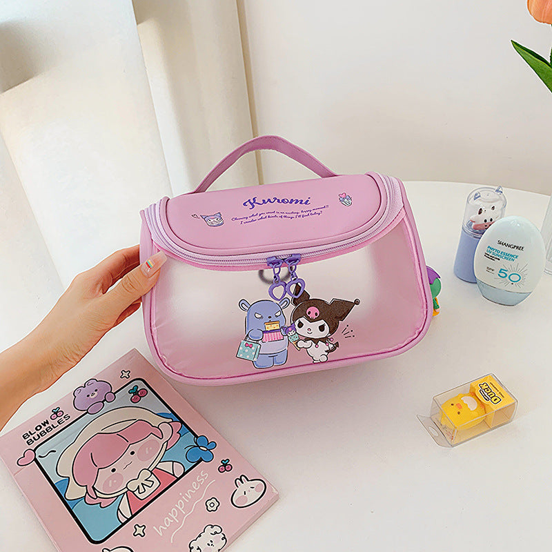 Sanrio cartoon makeup bag female large capacity portable travel high value double zipper pu leather handheld storage bag