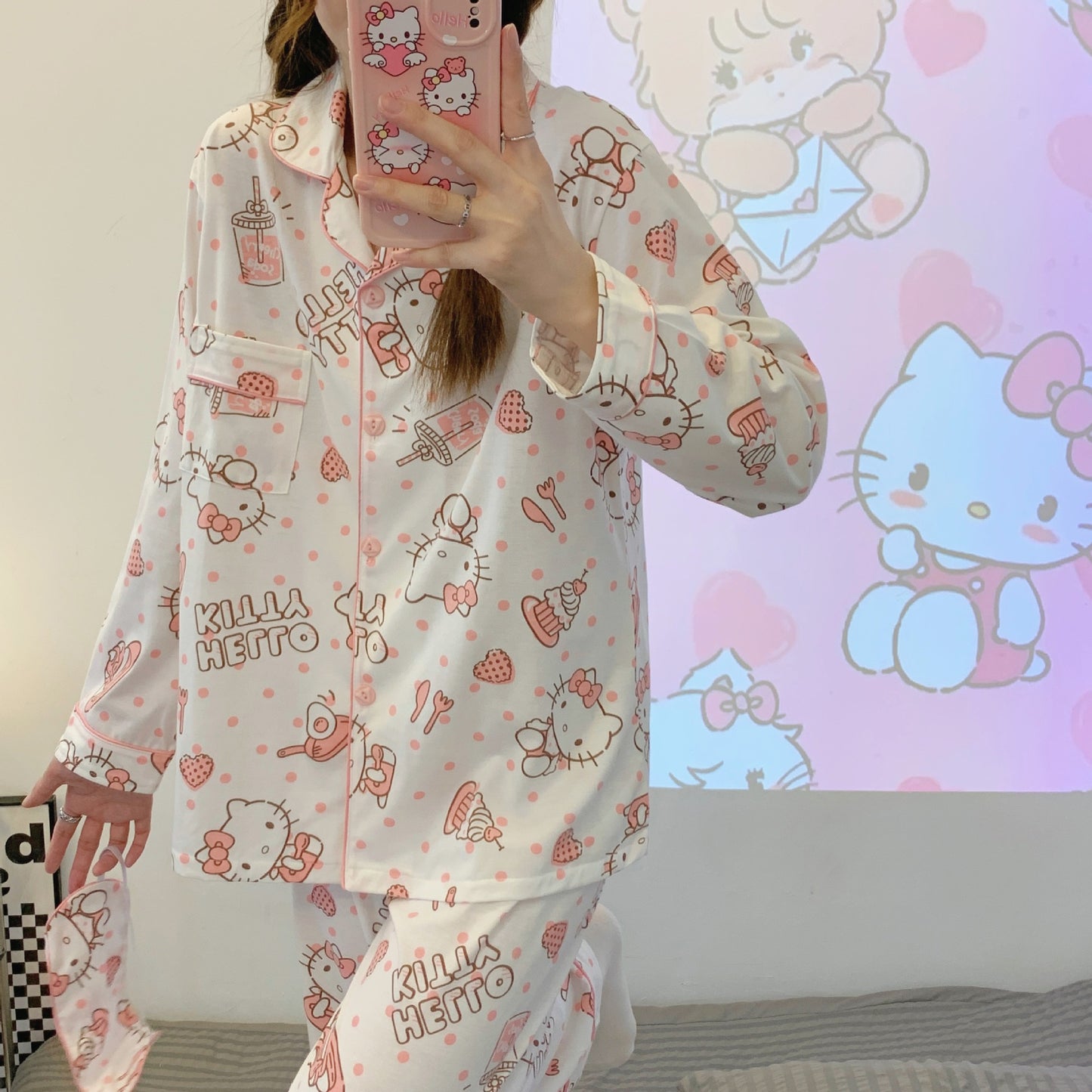 Pajama Women's Spring and Autumn New INS Style Cute Cartoon Cake Kitty Long Sleeve Cardigan Home Suit Set Trend