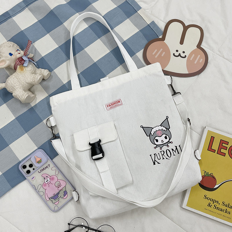 New canvas bag female handbag hundred with casual diagonal cross cartoon kuromi students large capacity cramming bag double back