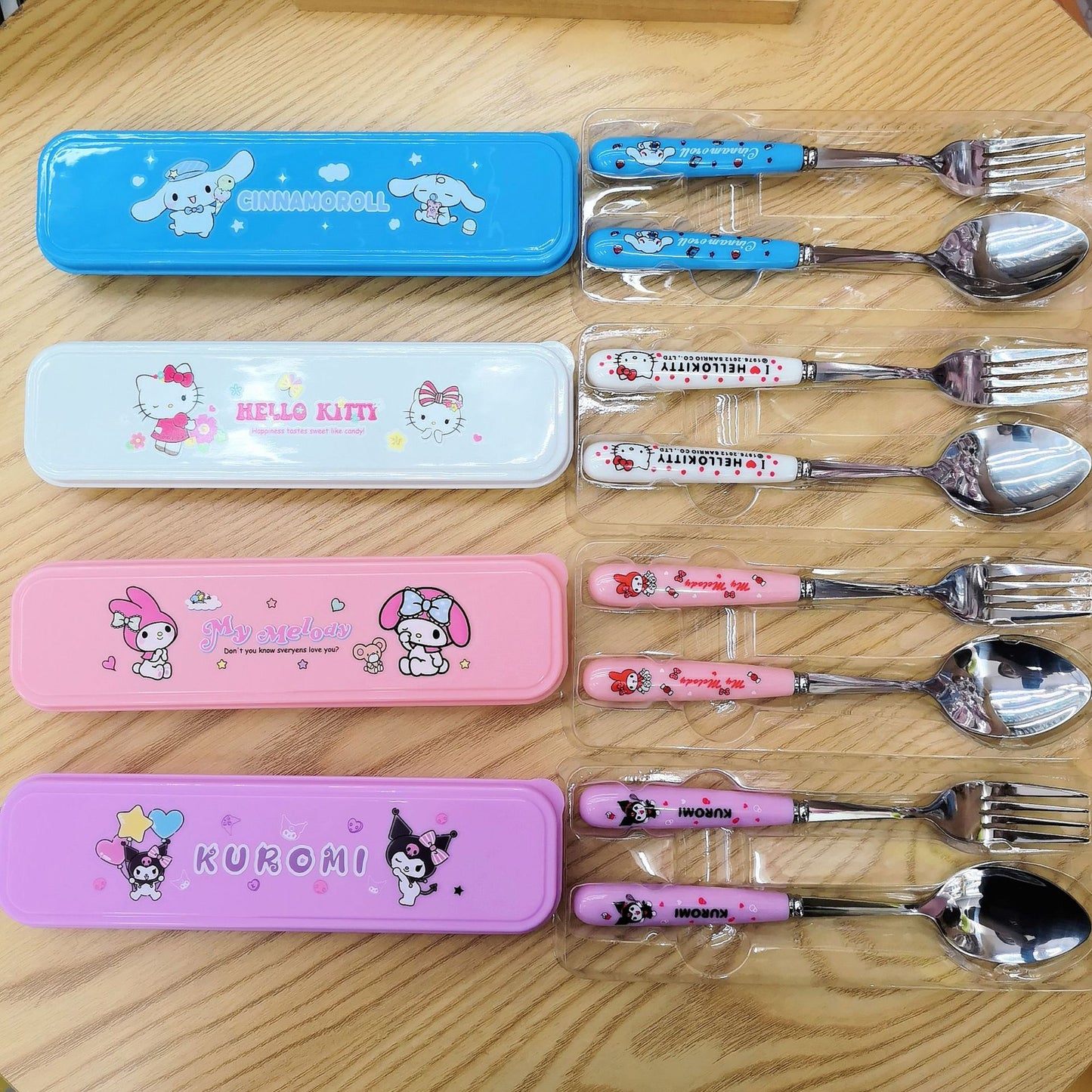 【KT-0010】Cute cartoon student portable children&#039;s tableware two-piece stainless steel fork spoon Sanrio tableware box set