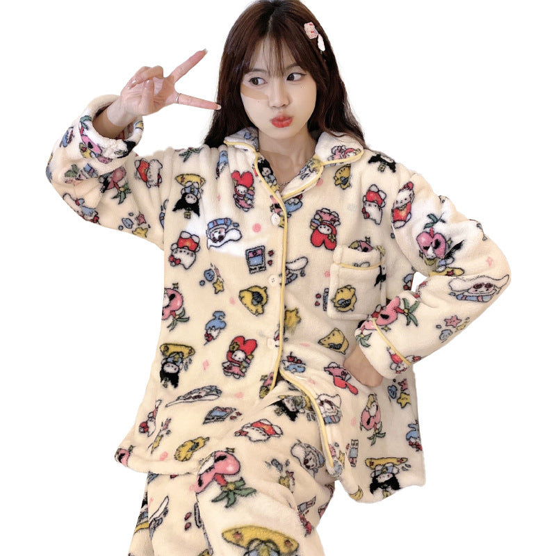 Sanliou Kuromi Winter Coral Fleece Pajamas for Women's Warm and Thick Cartoon Cute Home Fur Two Piece Set