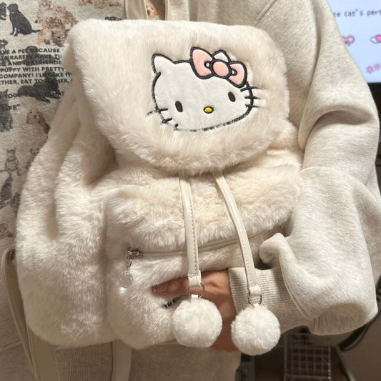 Sanrio Plush Flap Backpack Women's Casual 2023 New Large Capacity Cute School Bag Backpack