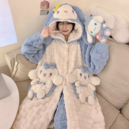 Pajama ladies coral velvet robe in autumn and winter plus velvet padded cute cartoon little winter home service suit