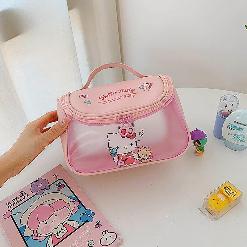 Sanrio cartoon makeup bag female large capacity portable travel high value double zipper pu leather handheld storage bag