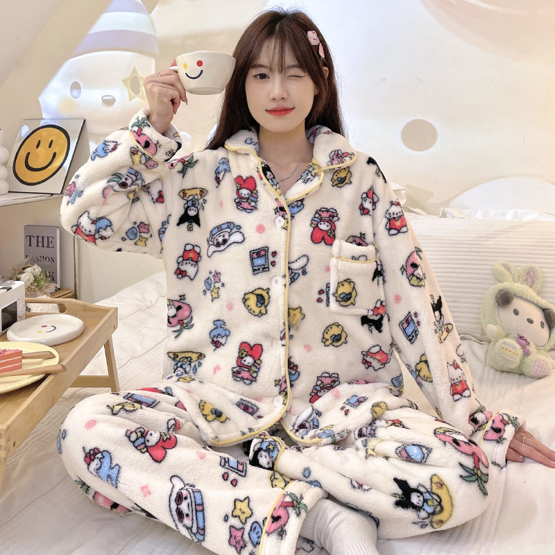 Sanliou Kuromi Winter Coral Fleece Pajamas for Women's Warm and Thick Cartoon Cute Home Fur Two Piece Set