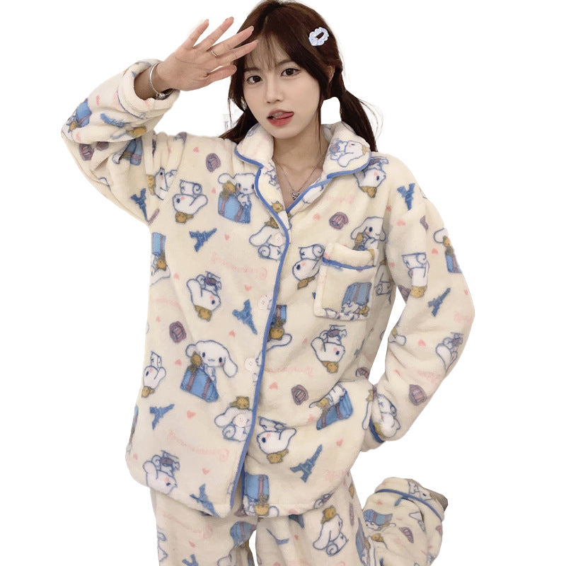 Autumn and winter thickened coral fleece pajamas women's cartoon cute pacha dog student warm home set real shot dropshipping