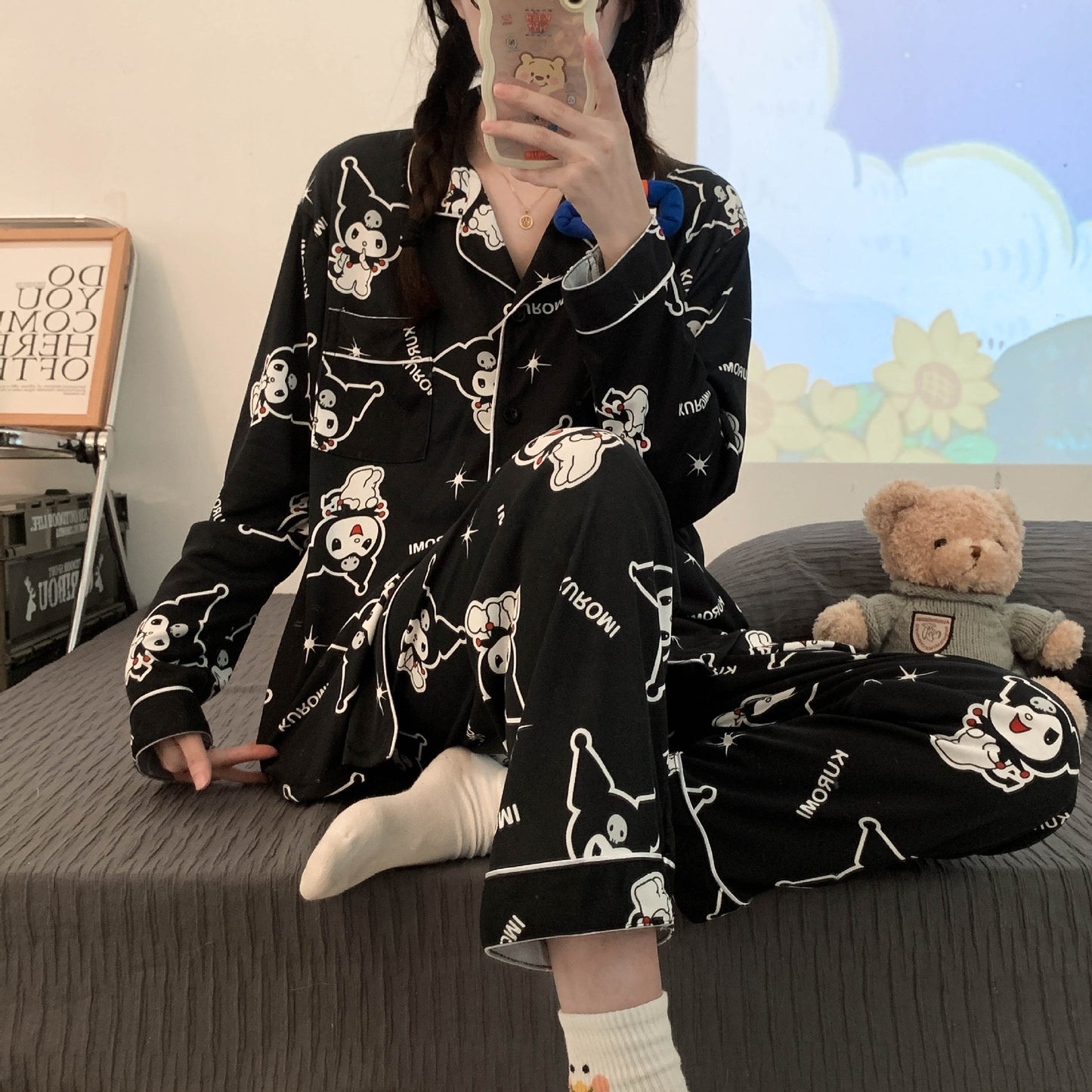 INS style Kuromi pajamas women's new cartoon cute loose fitting long sleeved high beauty spring autumn home clothing set