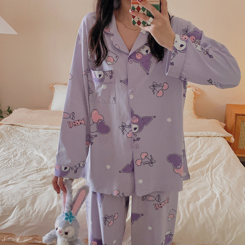 Girls' cartoon pajamas, girls' spring and autumn new student loose and cute purple long sleeved cardigan, home clothing set trend