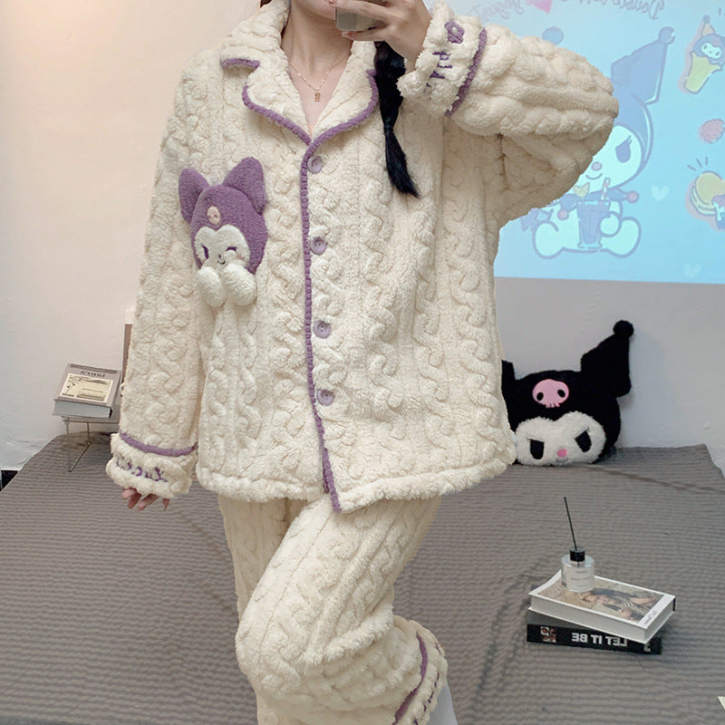 Wholesale winter pajamas, women's coral velvet, Sanrio cartoon, thickened flannel, autumn and winter home clothing set