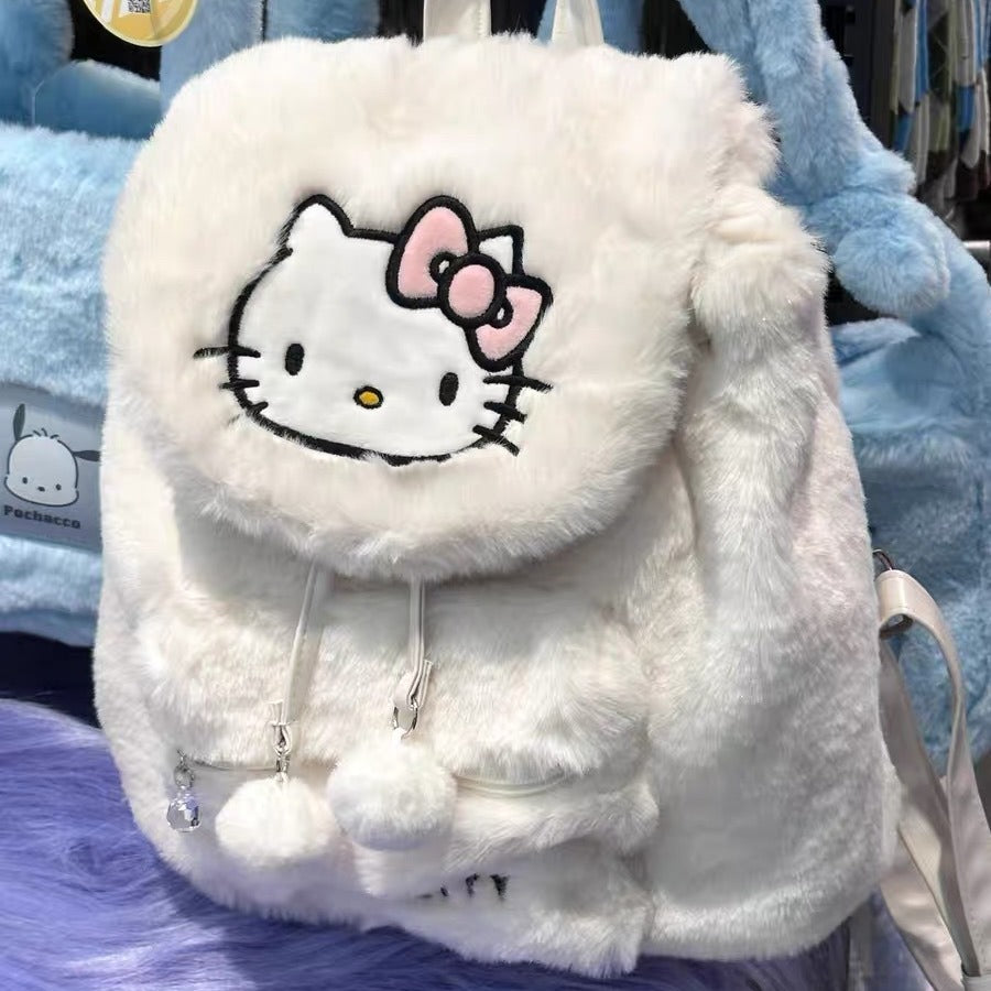 Sanrio Plush Flap Backpack Women's Casual 2023 New Large Capacity Cute School Bag Backpack