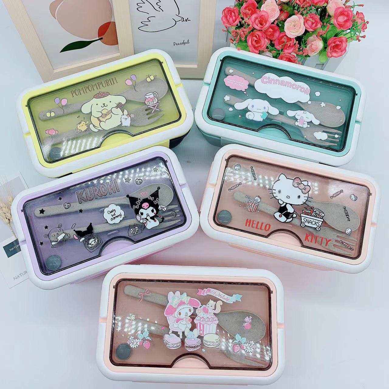 【BT-0003】Cartoon San Liou Student Lunch Box Lunch Bento Box Cute Portable Plastic Lunch Box Three Grid 1400ML