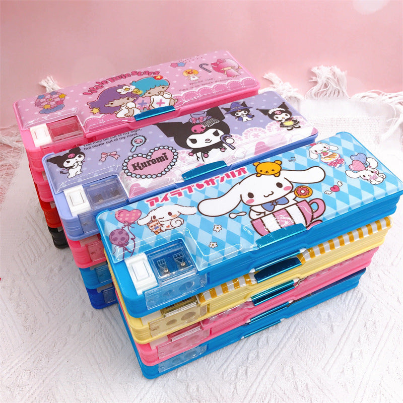 【PC-0009】Cartoon Kurumi Little White Dog Double sided Pen Box Stationery Box Children's and Students' Multifunctional Pencil Box with Pencil sharpener