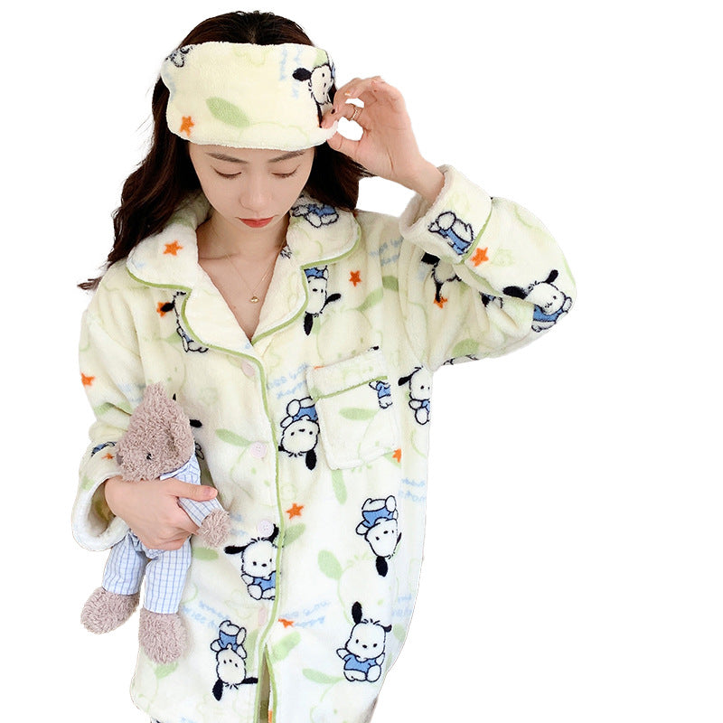 Japanese Pacha dog coral fleece pajama girl autumn and winter long-sleeved warm cartoon student homewear real shot dropshipping