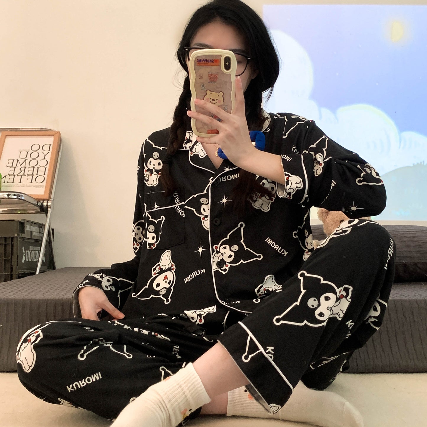 INS style Kuromi pajamas women's new cartoon cute loose fitting long sleeved high beauty spring autumn home clothing set